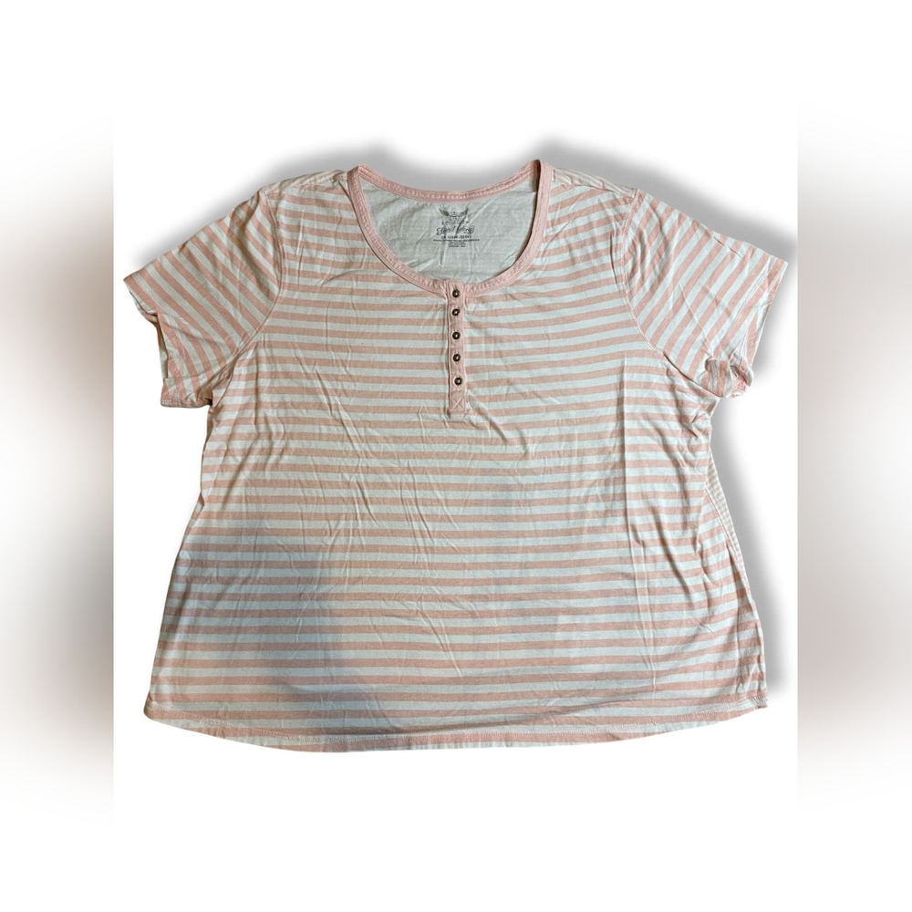 Faded Glory Pink/White Striped 1/4-Button Short-Sleeve Top, Size 2X
